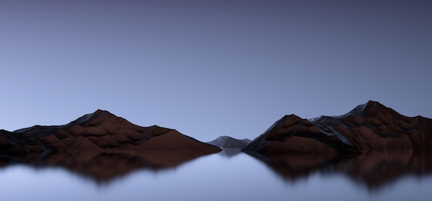 Montagnes avec reflet du paysage de minimalisme de l'abstraction de l'eau Montagnes sur fond bleu Pics de pierre en relief parmi le rendu 3D de l'eau