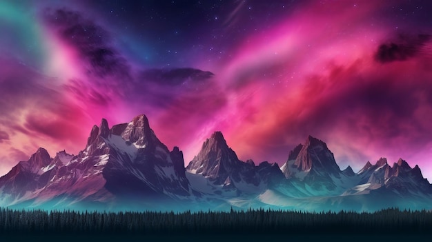 Montagnes répulsives avec Aurora Borealis Fuchsia Sky Foundation avec copyspace généré par l'IA