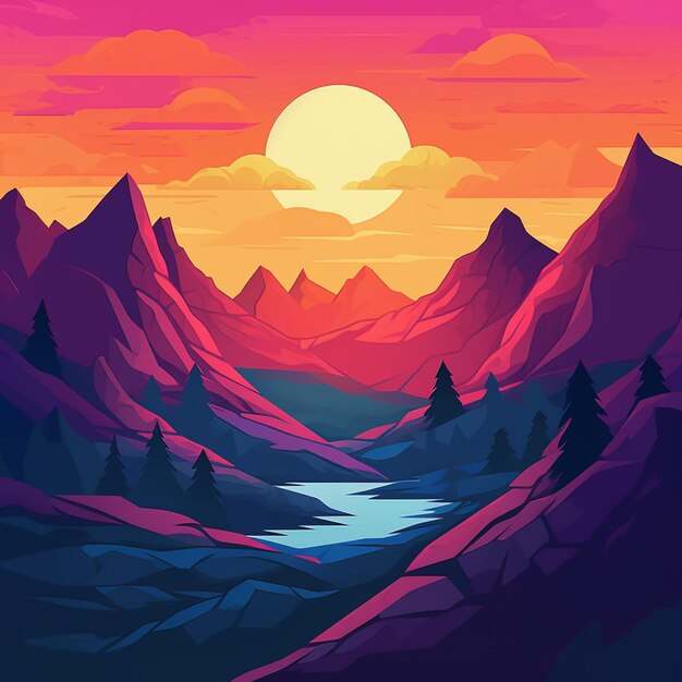 Montagnes et rivière dans une vallée avec un coucher de soleil ai génératif