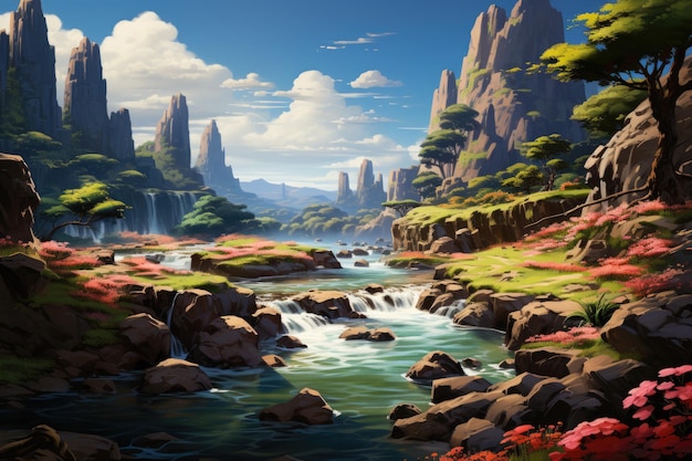 Les montagnes Rocheuses et une rivière à débit rapide sont présentées sur un fond de dessin animé avec un paysage plat