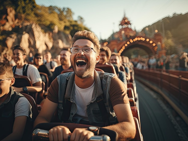 Montagnes russes dans un parc d'attractions avec des gens heureux