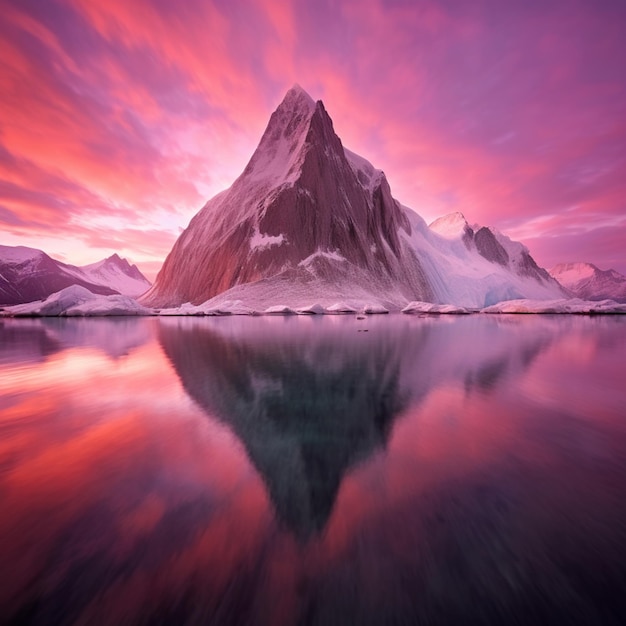 Les montagnes se reflètent dans l'eau au coucher du soleil avec un ciel rose ai génératif