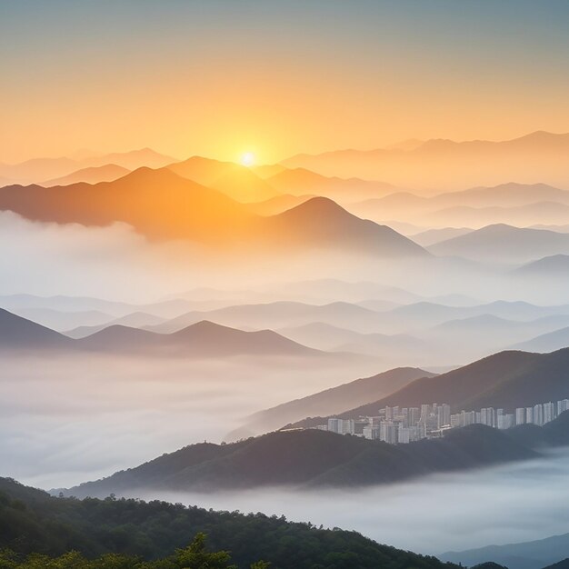 Les montagnes Seoraksan sont couvertes par le brouillard matinal généré par l'IA