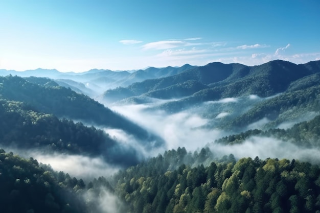 Les montagnes sont couvertes d'une couche de brume et de nuages. AI générative