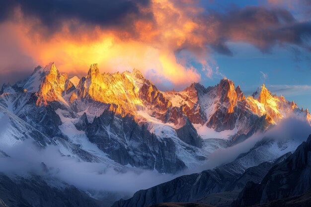 Les montagnes sont couvertes de neige et le soleil se couche derrière elles.