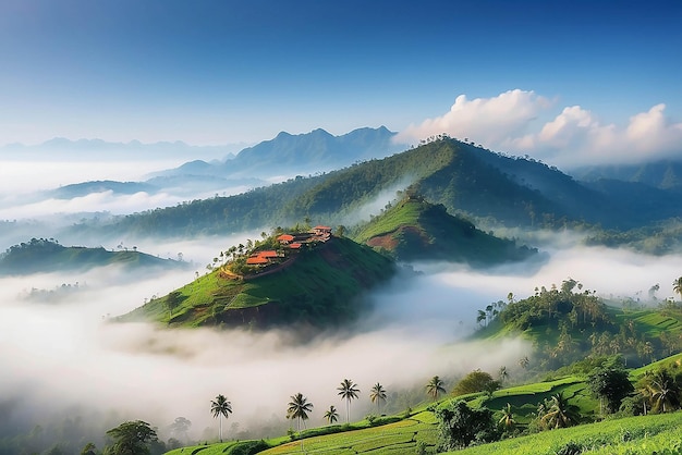 Les montagnes sous le brouillard le matin Des paysages naturels étonnants forment le Kerala Le pays des dieux Tourisme et concept de voyage Image de nature fraîche et relaxante