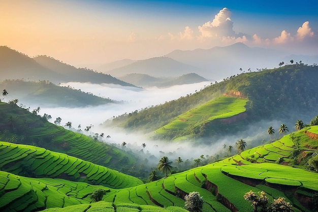 Les montagnes sous le brouillard le matin Des paysages naturels étonnants forment le Kerala Le pays des dieux Tourisme et concept de voyage Image de nature fraîche et relaxante