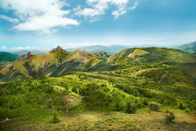 Montagnes vertes couvertes de forêt sur le fond de ciel bleu