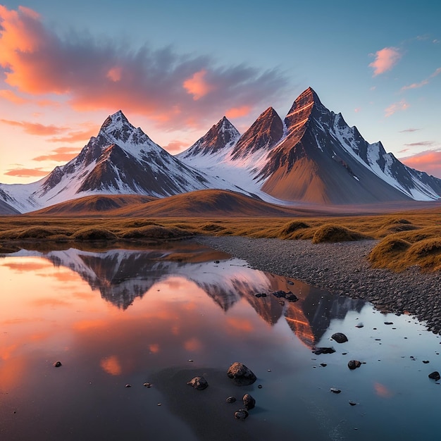 Montagnes Vestrahorn au coucher du soleil à Stokksnes générées par l'IA