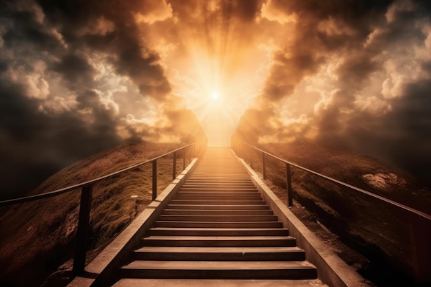 Monter les escaliers vers le soleil fond de lumière céleste brillant AI générative
