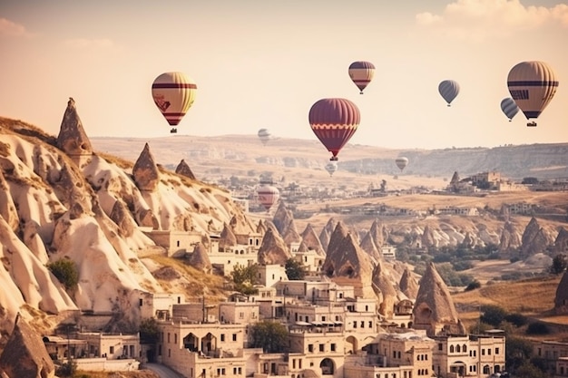 Une montgolfière au-dessus d'un village de cappadoce