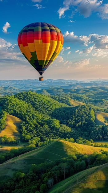 Photo une montgolfière colorée flottant au-dessus des collines vertes sous un ciel lumineux