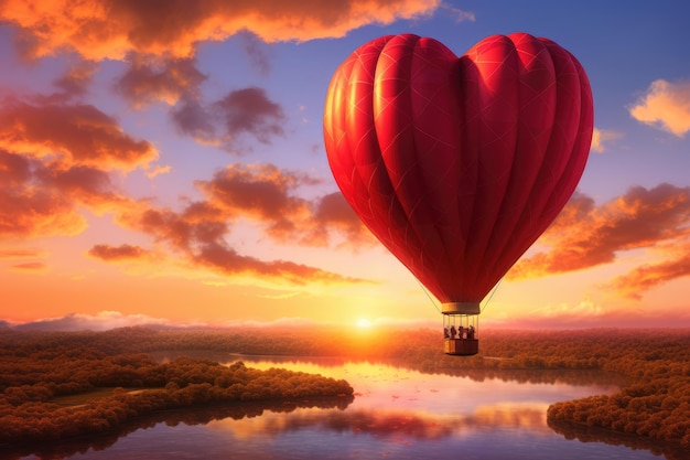 Une montgolfière en forme de cœur plane gracieusement au-dessus d'une rivière sereine Une montgolfière en forme de cœur pendant un coucher de soleil le jour de la Saint-Valentin