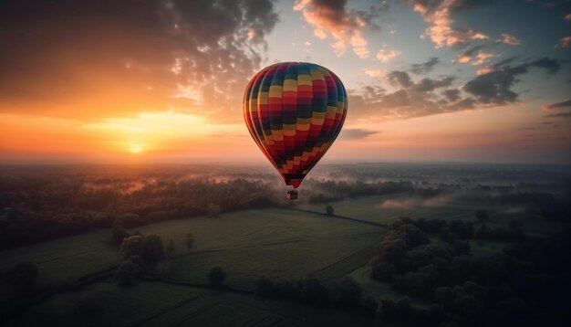 Une montgolfière en lévitation s'élève au-dessus d'un paysage multicolore généré par l'intelligence artificielle