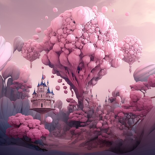 Montgolfière rose AI générative avec fleurs et paysage fantastique