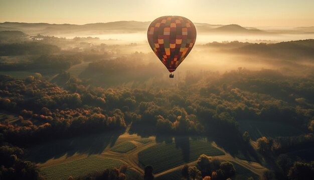 La montgolfière s'envole, la beauté de la haute nature entoure l'aventure générée par l'IA