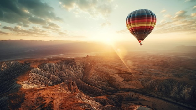 Montgolfière survolant une montagne au coucher du soleil ai générative