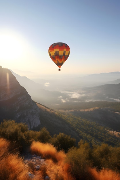 Une montgolfière survole une chaîne de montagnes.