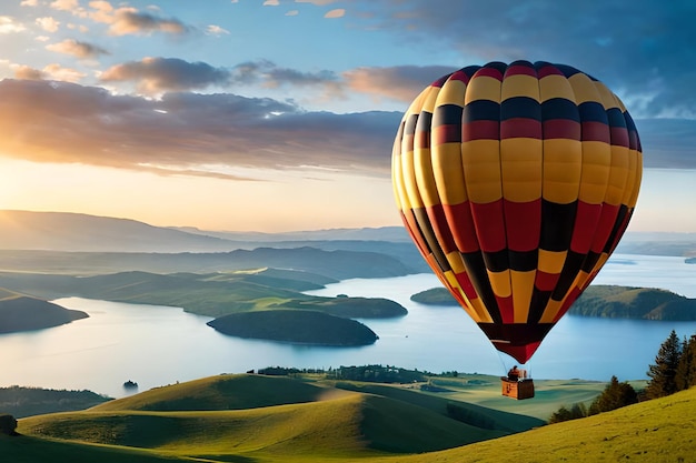 Une montgolfière survole un lac et le soleil se couche.