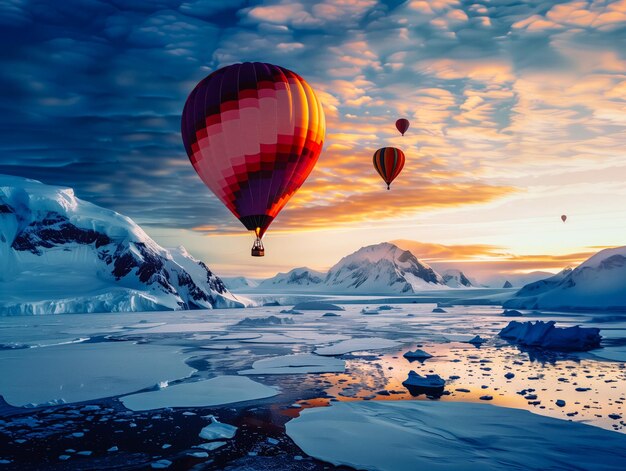 Une montgolfière survole un paysage enneigé.