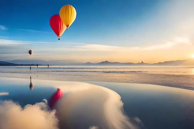 Une montgolfière survole la plage.