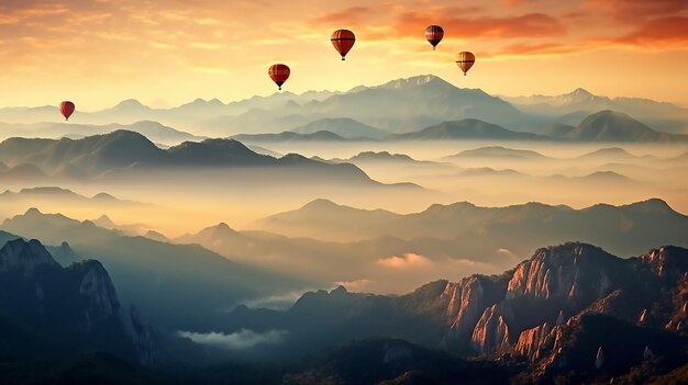 Montgolfières au-dessus des montagnes Montgolfières colorées survolant le panorama des montagnes