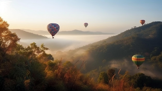 Montgolfières colorées survolant la montagne