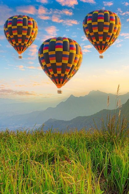 Montgolfières colorées survolant la montagne