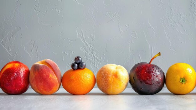 Montrant le contraste de la texture avec une pêche et son fuzz détaillé parmi les fruits lisses Peach fuzz couleur