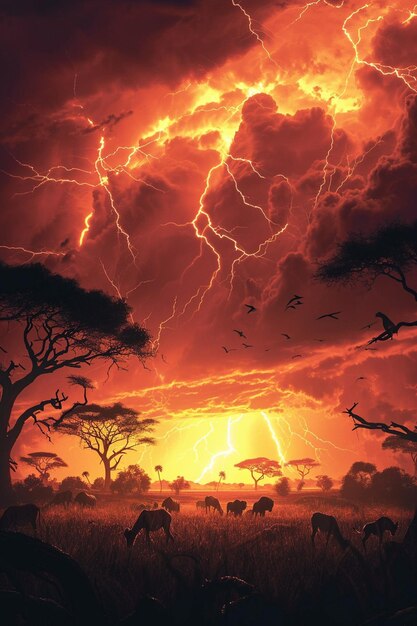 montrant l'orage dramatique africain sur la savane