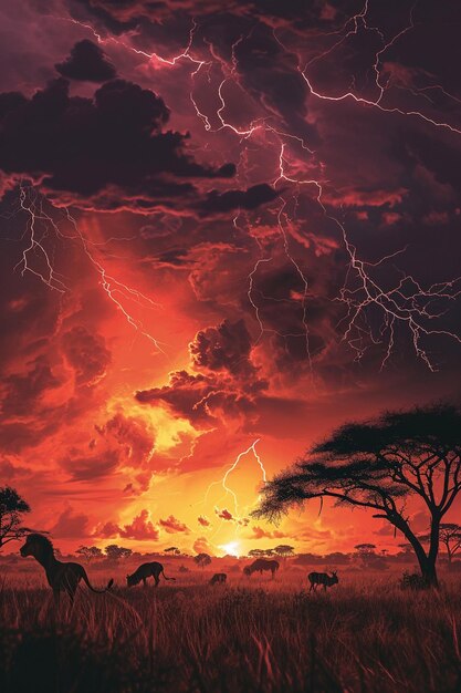 montrant l'orage dramatique africain sur la savane