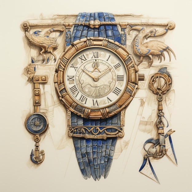 Une montre bleue et dorée avec un cadran bleu et des aiguilles dorées.