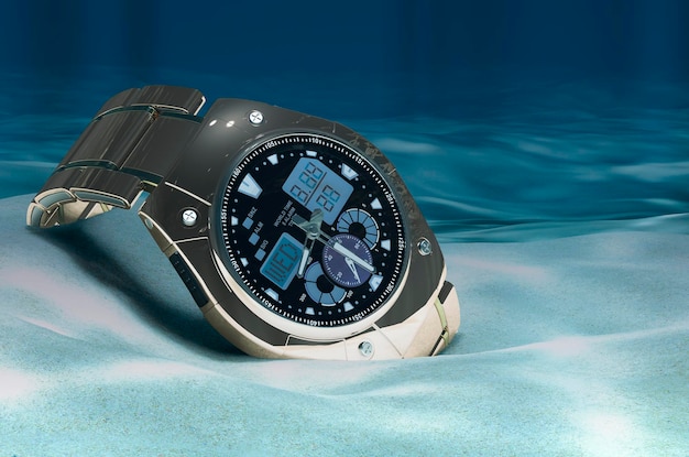 Photo montre-bracelet numérique analogique pour hommes sur le rendu 3d sous-marin du fond de l'océan