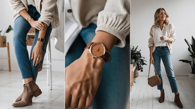 Photo une montre brune sur le poignet du blogueur