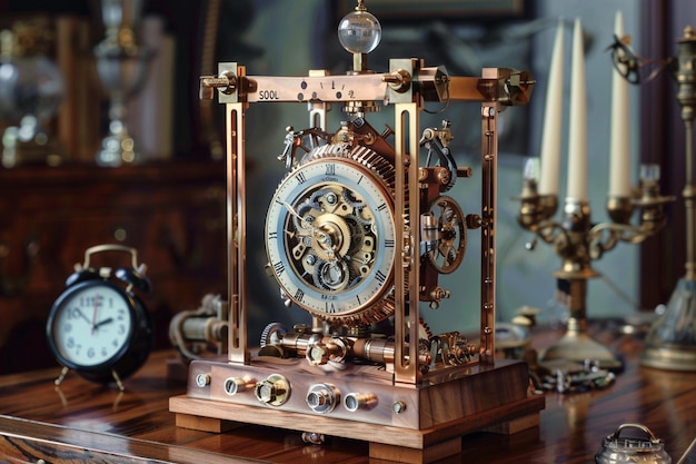 Montre un dispositif de voyage dans le temps de style steampunk alimenté par une IA générative