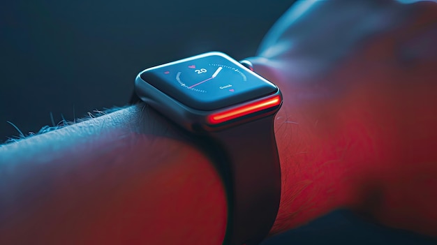 Photo une montre intelligente affichant une fonction de moniteur de fréquence cardiaque sur un poignet contre une technologie futuriste de lueur de néon bleu et rouge.