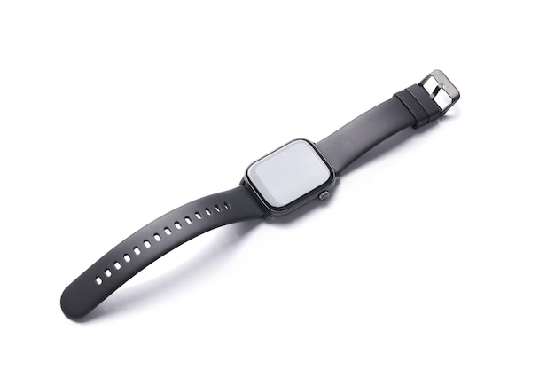 Montre intelligente électronique sans fil avec écran tactile gros plan isolé sur fond blanc Bracelet Bluetooth tracker de fitness bande noire