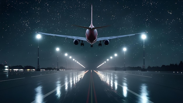 Montre les lumières de la piste guidant les avions à l'atterrissage en toute sécurité jetant des reflets sur la photo de surface