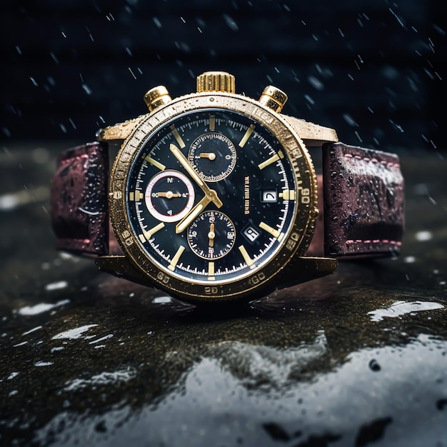 Montre de luxe étanche pour hommes sur la pierre sous la pluie concept commercial conception résistante à l'eau sur mesure IA générative post-traitée