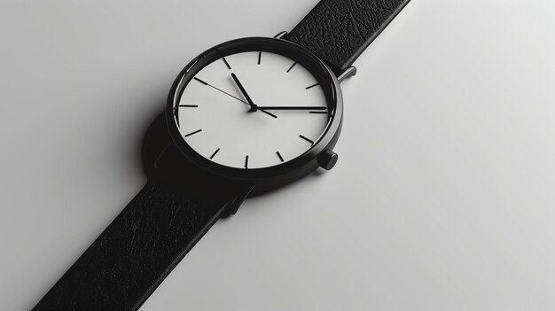 Photo une montre minimaliste avec un bracelet en cuir noir et un cadran blanc la montre est placée sur un fond blanc