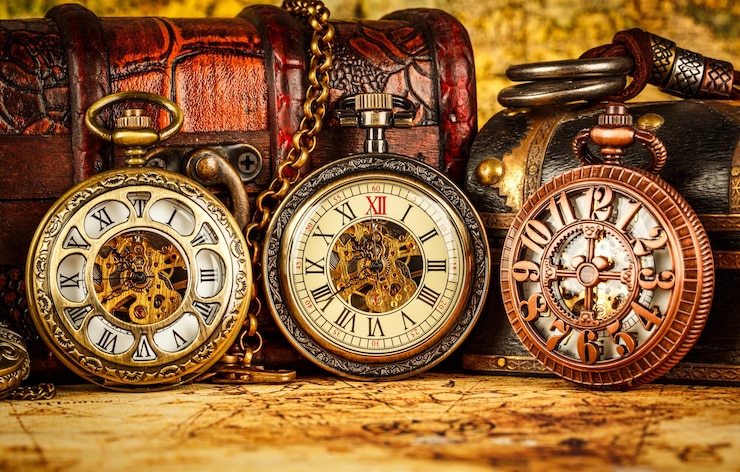 Photo montre de poche antique vintage sur une ancienne carte du monde en 1565..