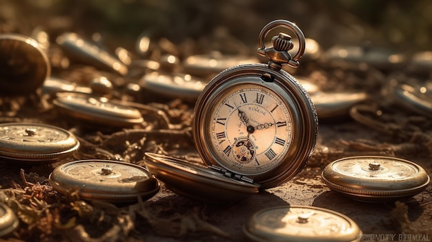 Une montre de poche gît sur le sol avec des pièces d'or éparpillées autour d'elle.