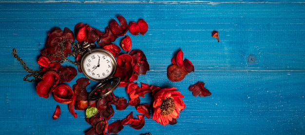 Montre de poche vintage dorée posée sur une table en bois bleue avec des fleurs séchées rouges aux arômes