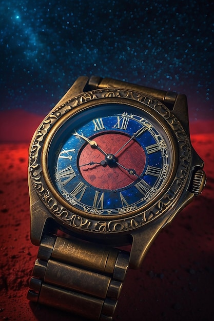 Une montre de poignet en bronze mystique dans le ciel nocturne impétueux