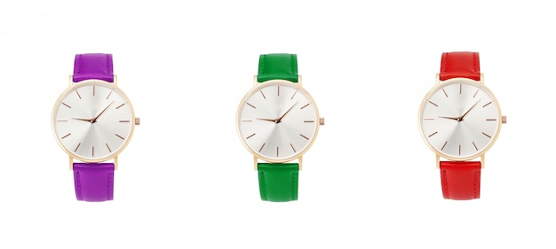 Montre pour femme classique en or avec cadran noir, bracelet en cuir, isoler sur fond blanc