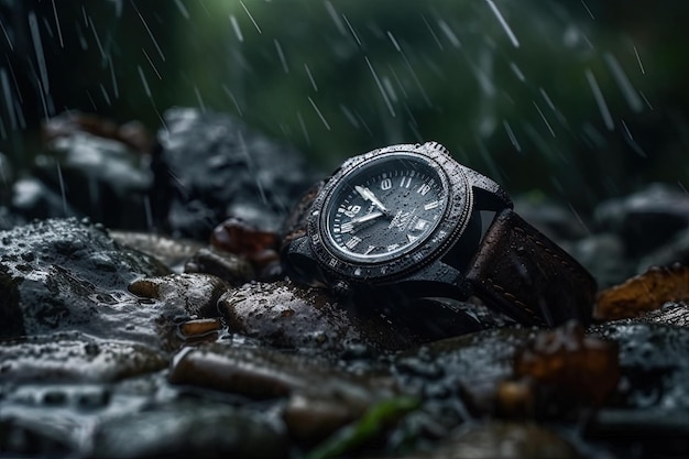 Une montre sur un rocher sous la pluie