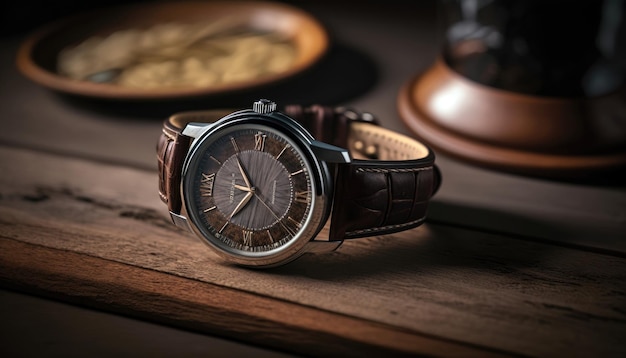 Une montre sur une table avec un bracelet en cuir marron et un bracelet en cuir marron.