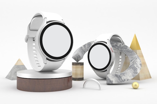 Montres intelligentes rondes abstraites côté gauche en fond blanc
