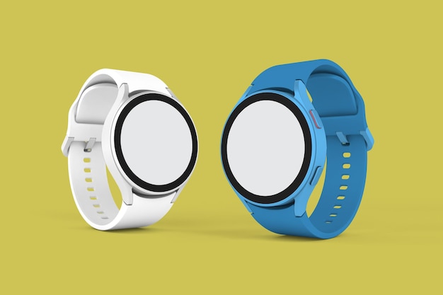 Montres intelligentes rondes côté perspective isolé sur fond jaune