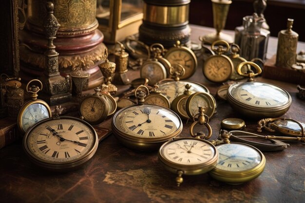 Montres de poche à l'ancienne disposées sur une table créée avec l'IA générative